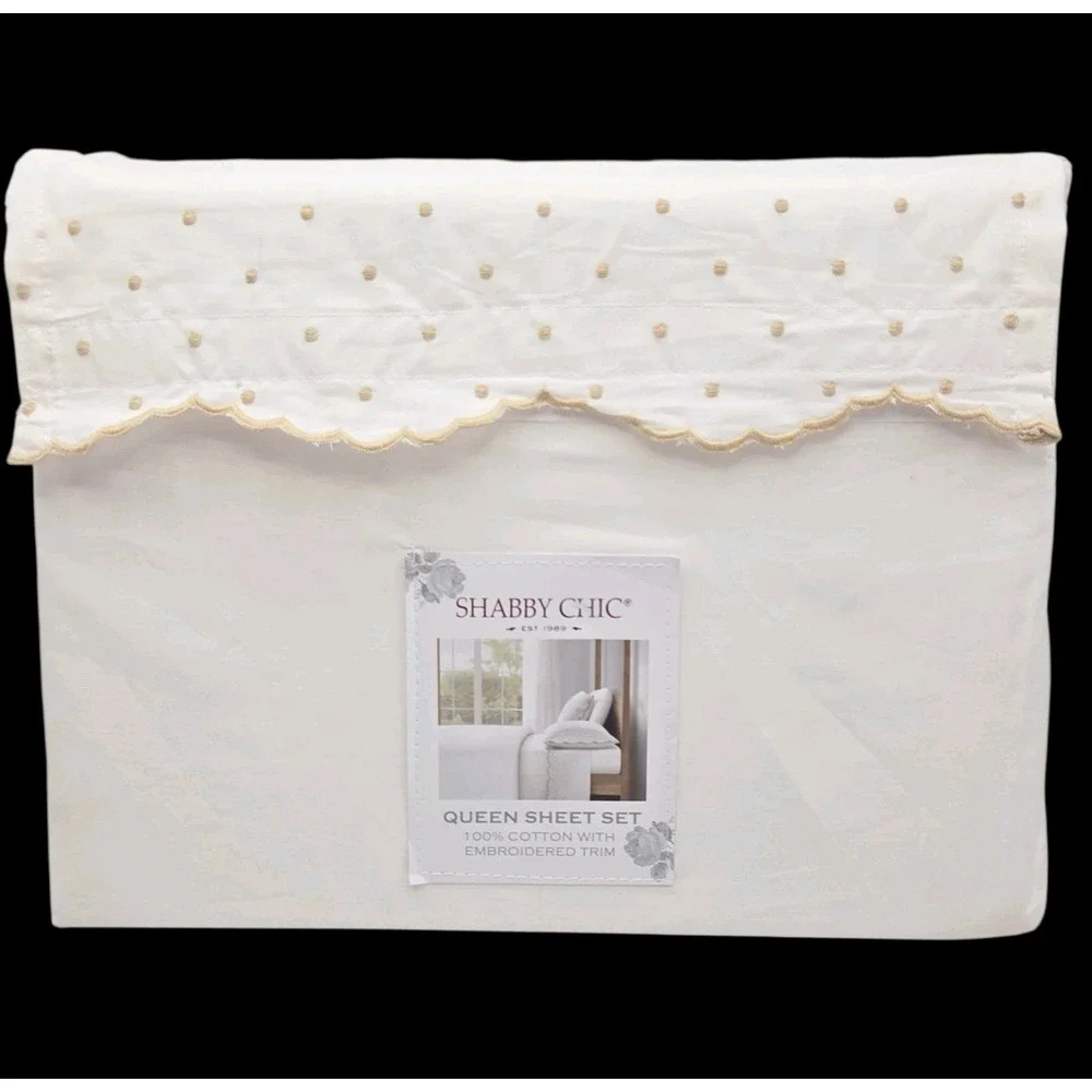 Shabby Chic 4pc White Cotton Queen Sheet Set Embroidered Scalloped Tan Polka Dot